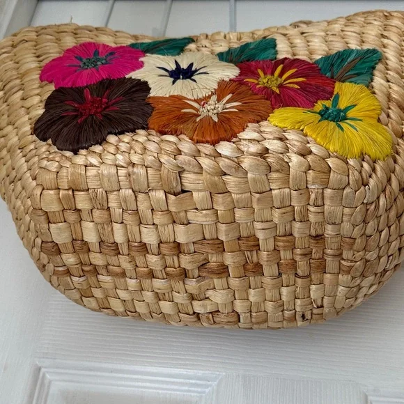 Floral Embroidered Straw Tote Bag - Picture 2 of 10